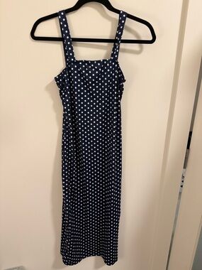 Navy Polka Dot Midi Dress with Square Neck